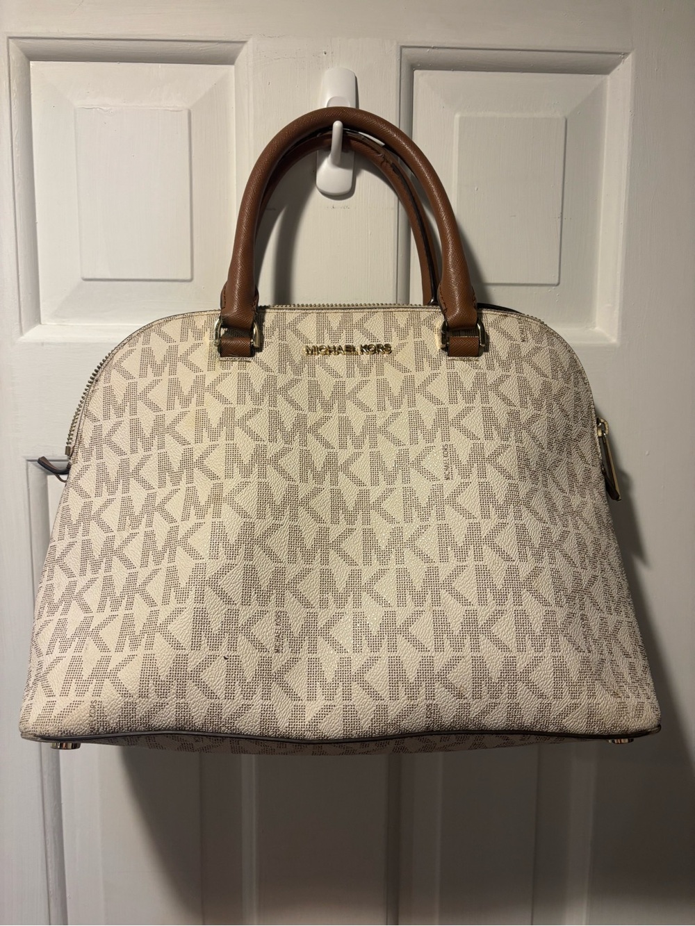 Michael Kors Cream Signature Dome Satchel with Brown Handles